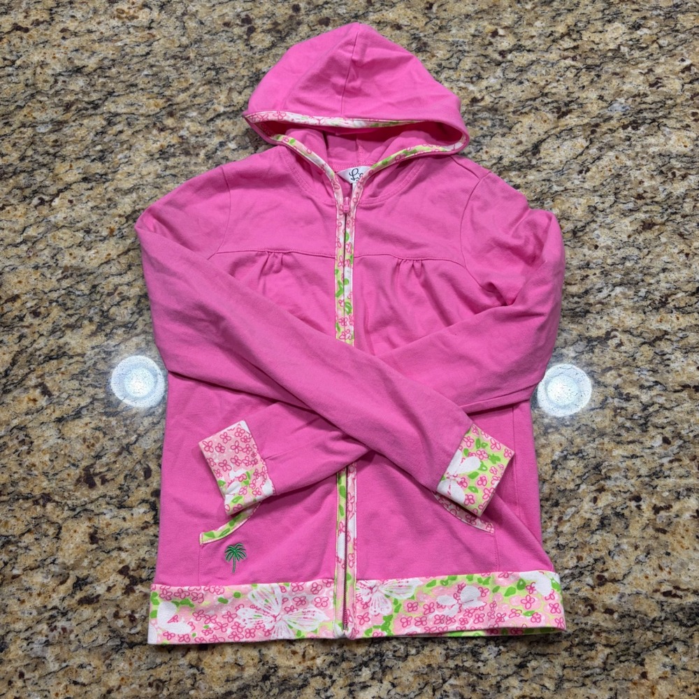 Lilly Pulitzer Girls Pink Floral Trim Full Zip Hoodie Sweatshirt Size 12 ws